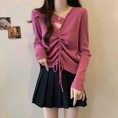 大码法式抽绳v领打底衫女春秋2025新款时尚百搭宽松显瘦遮肉上衣
