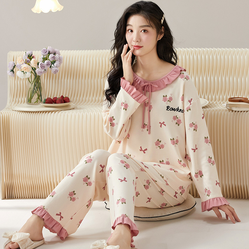 여성 라운드 넥 커버 머리 잠옷 긴 소매 긴 바지 두 벌 달콤 춘추 집 기거 헐