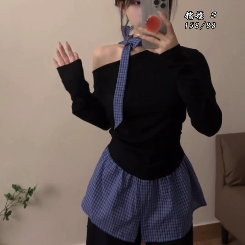 【人棉1*1】甜酷辣妹风撞色格纹拼接上衣女秋季设计感修身上|undefined