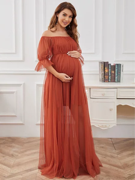 Cross-Border European and American Evening Dress Short-Sleeved Solid Color One-Shoulder Maternity Dress Tulle Long Maternity Dress