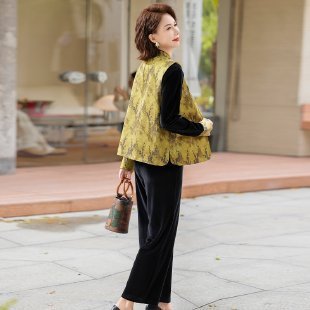妈妈秋装金丝绒端庄大气套装女中老年人春秋国风马甲上衣三件套女|undefined