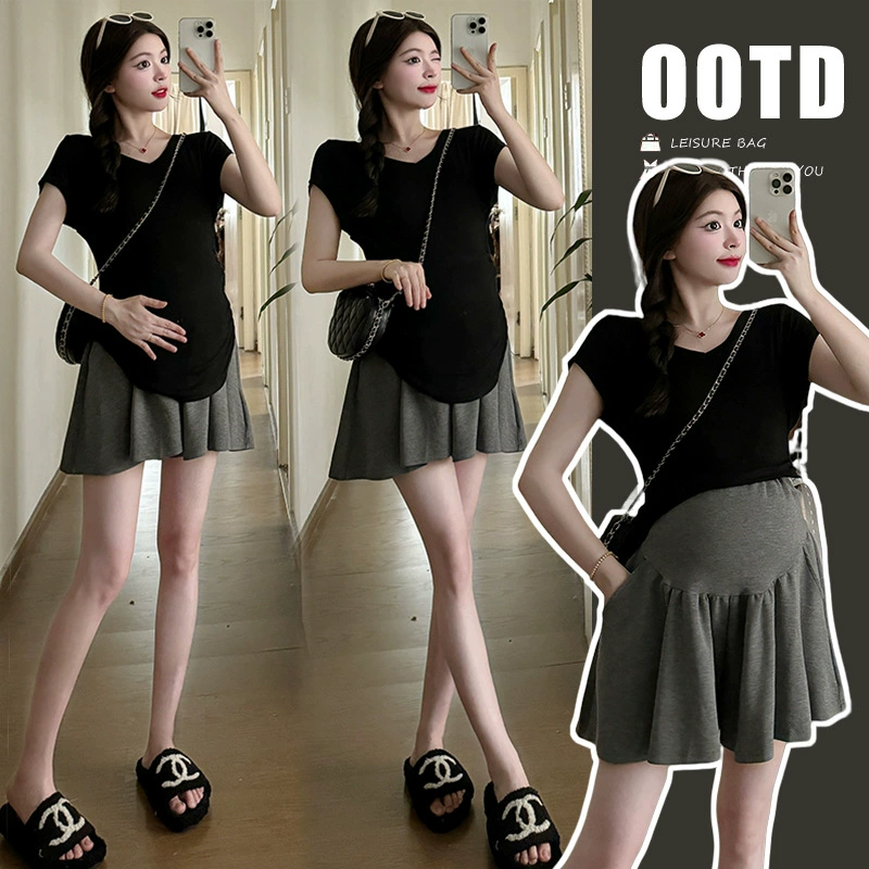 Живые фотографии Летняя рубашка с V-образным вырезом Широкие шорты из двух частей одежды для беременных