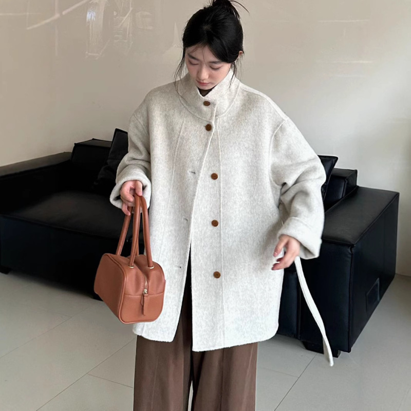 Lace-up Double-sided Wool Coat Women Autumn and Winter New Short Loose Single-breasted Collar Cashmere Jacket