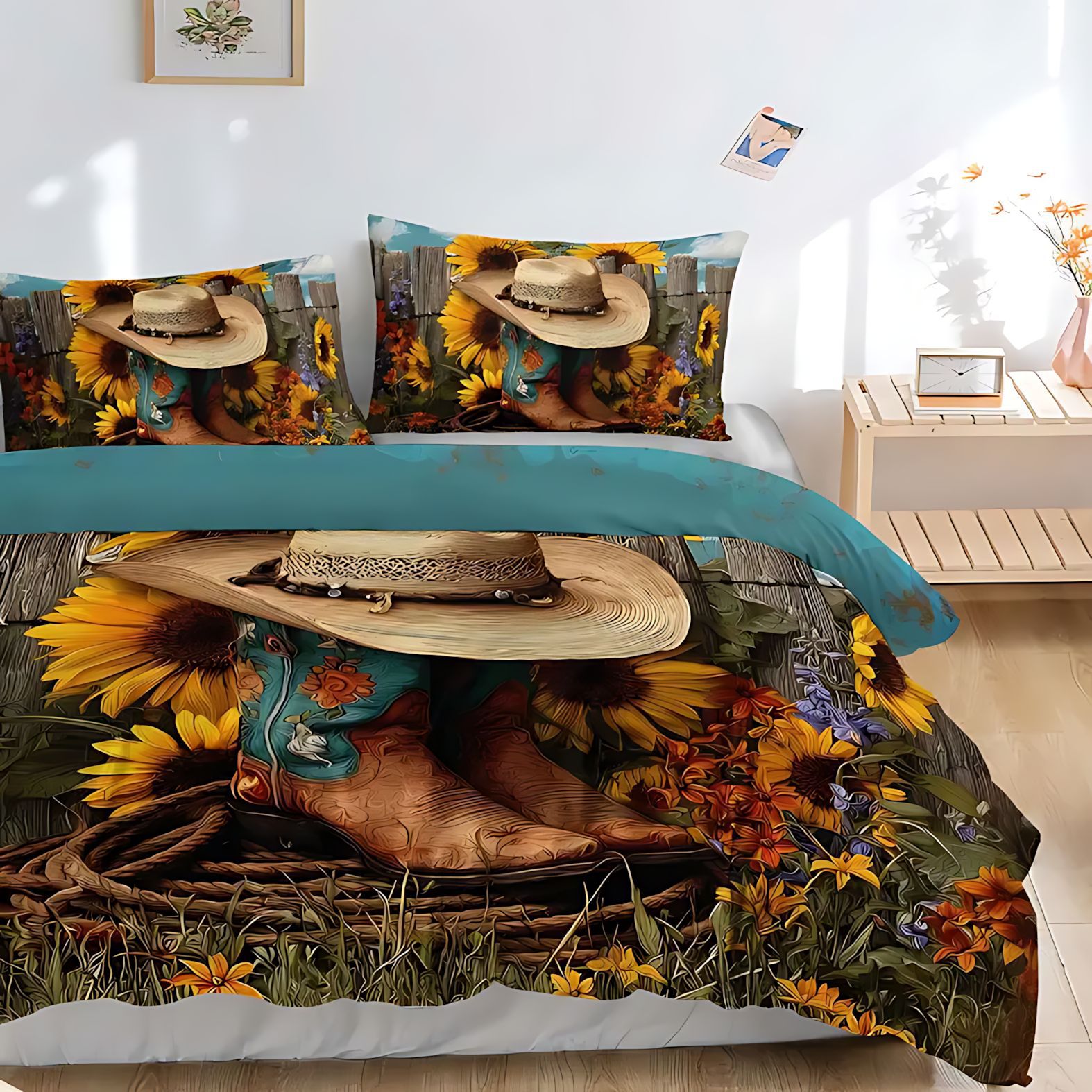 TEMU / JIT nuevo diseño de girasol vaquero transfronterizo impresión digital de alta definición abrasión cómodo conjunto de edredón