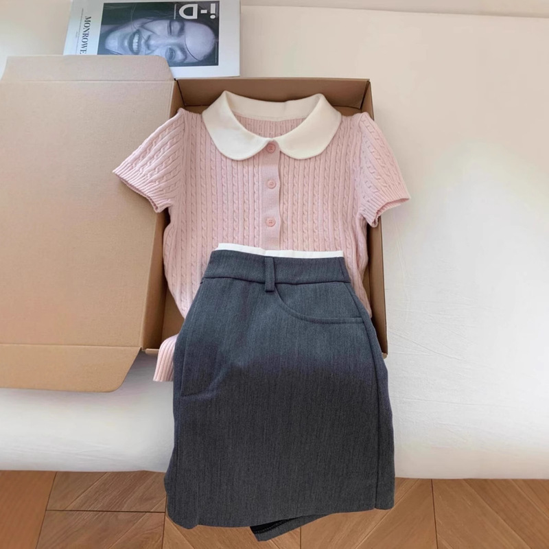 French Sweet and Gentle Pink Doll Collar Knitted Short-sleeved T-shirt Women's Summer New Slim-fit Skinny Elegant Top