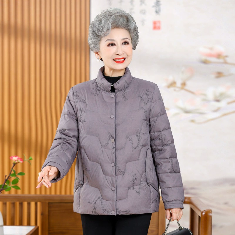 Новый 90 белый утка пуховик среднего и пожилого возраста короткий топ хлопчатобумажный костюм бабушки с иностранным принтом мама пальто зимняя одежда