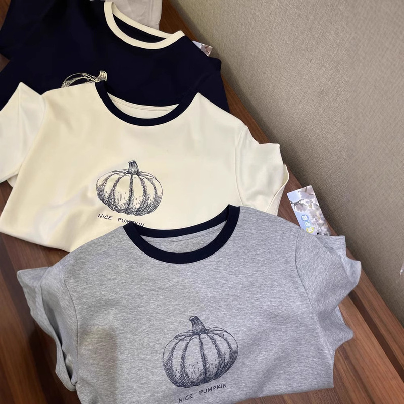 Foreign trade list!! Japanese Simple Fan ~ Pure Natural Organic Cotton Contrast Color Crewneck Pumpkin Printed Short Sleeve T-shirt Female Spring