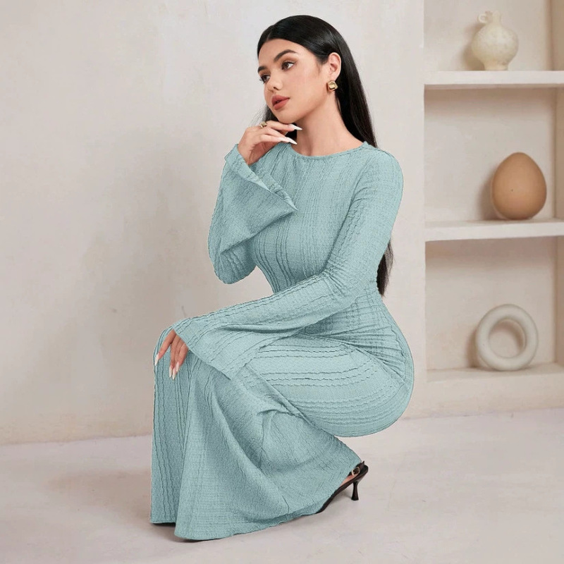 New in stock women's jacquard knit dress with bell sleeves, slim fit, bell-shaped fishtail long dress for cross-border Amazon TK New in stock women's jacquard knit dress with bell sleeves, slim fit, bell-shaped fishtail long dress for cross-border Amazon TK