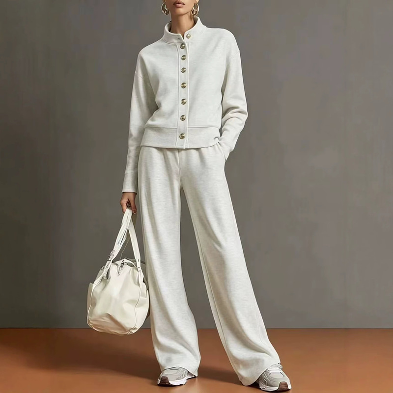 2026 Cross-Border European and American Women's Fashion New Solid Color Stand Collar Cardigan Sweatshirt Wide-Leg Pants Set Popular on Independent Platforms for Women 2026 Cross-Border European and American Women's Fashion New Solid Color Stand Collar Cardigan Sweatshirt Wide-Leg Pants Set Popular on Independent Platforms for Women