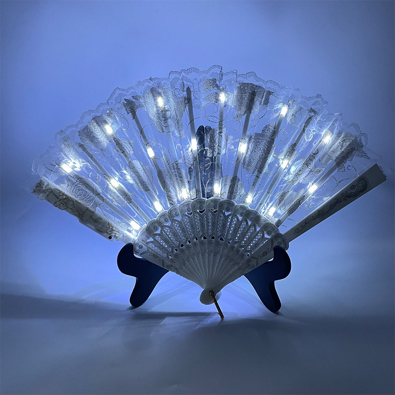 #593-1 7寸-6V双功能-发光玫瑰蕾丝扇正白色