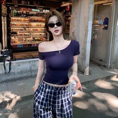 美式辣妹斜肩短款t恤女短袖2025夏季修身高腰紧身显瘦ins露肩上衣