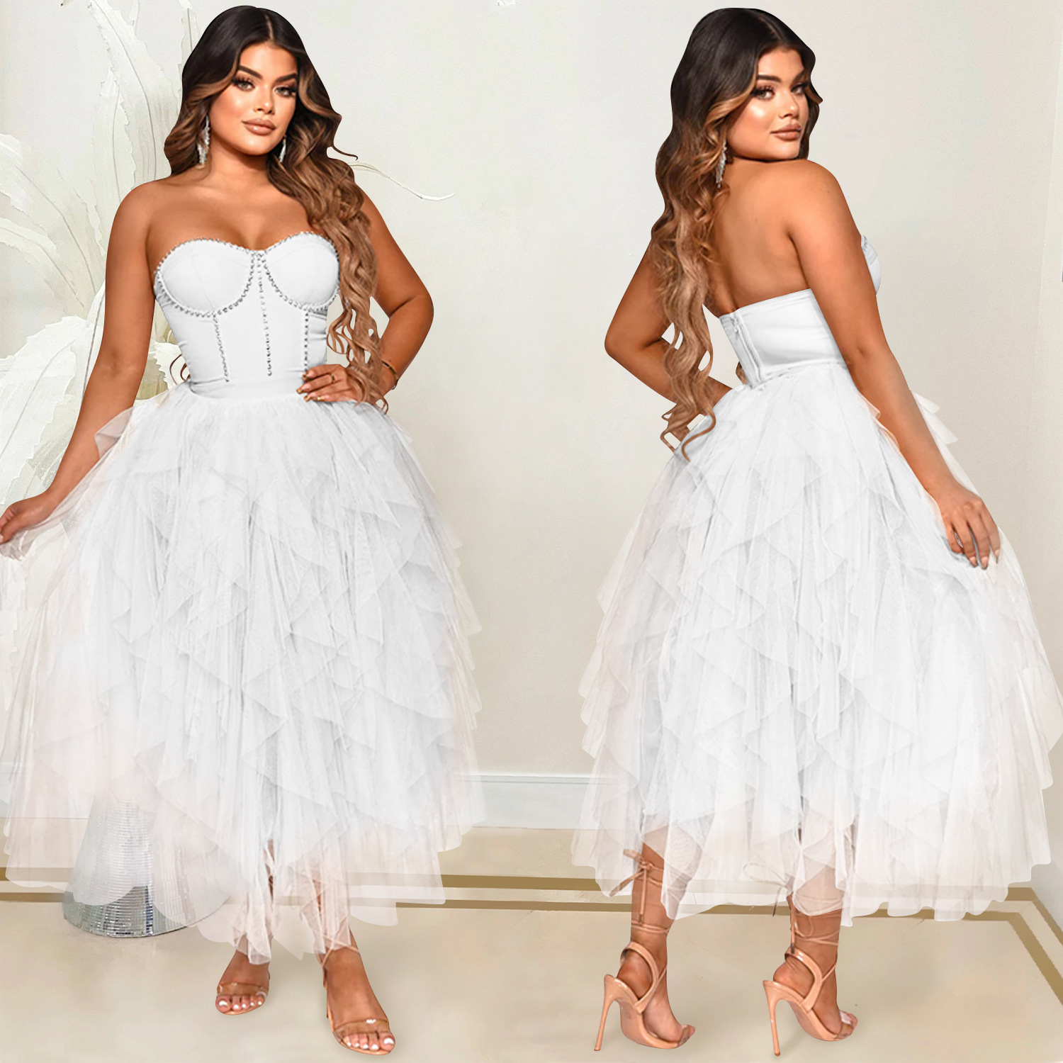 X5709 nueva llegada AliExpress Amazon moda europea y americana color sólido rhinestone caliente tubo superior mullido vestido de malla ropa las mujeres image 5