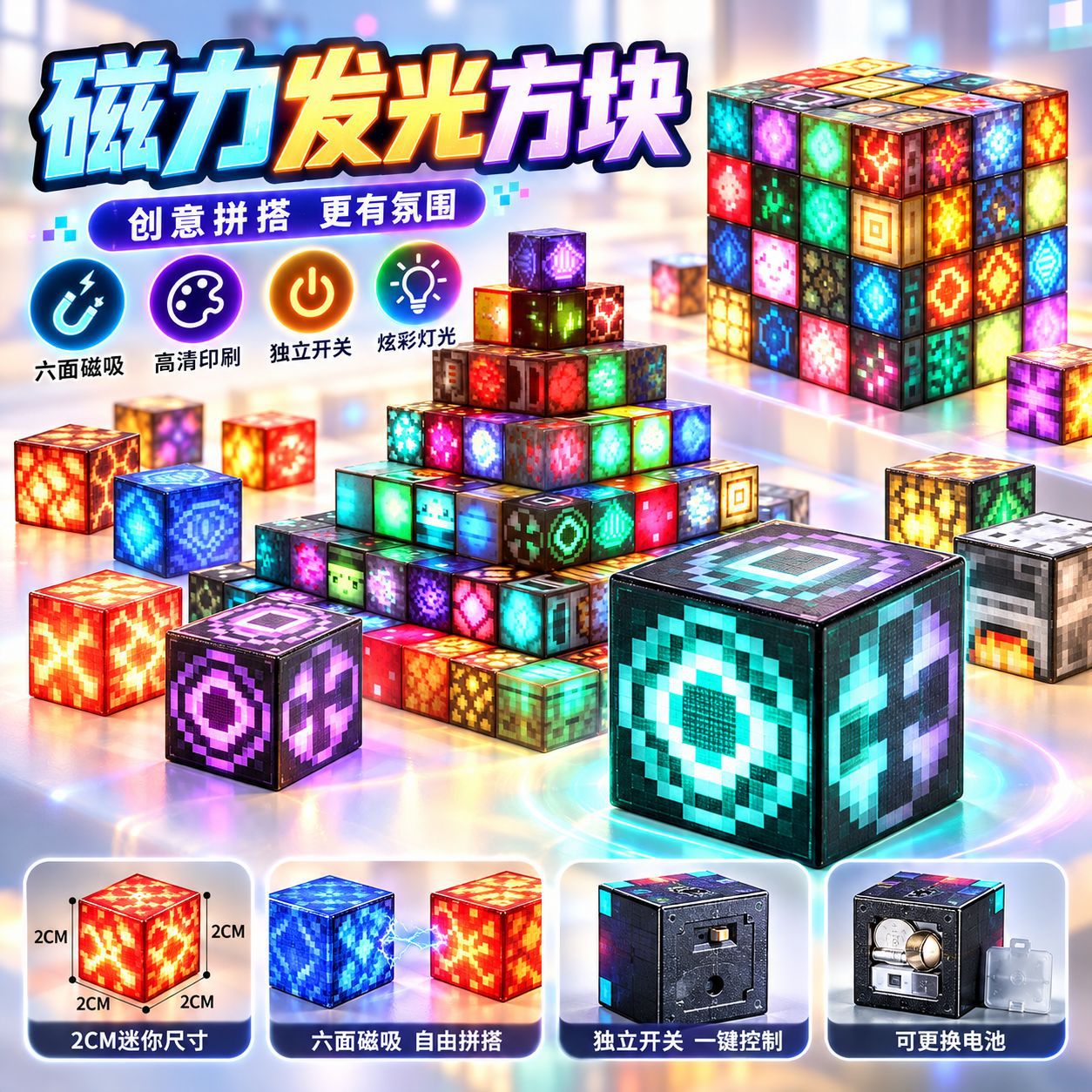 跨境我的磁力世界灯光方块拼装磁吸闪光积木套装益智玩具工厂直销