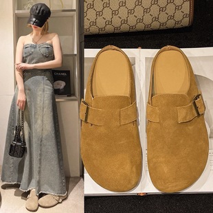 Genuine Leather Toe-Cap Half Slippers for Women's Outer Wear Summer New Retro Slip-On Lazy Soft-Soled Soft-Surface Birkenstock Slippers