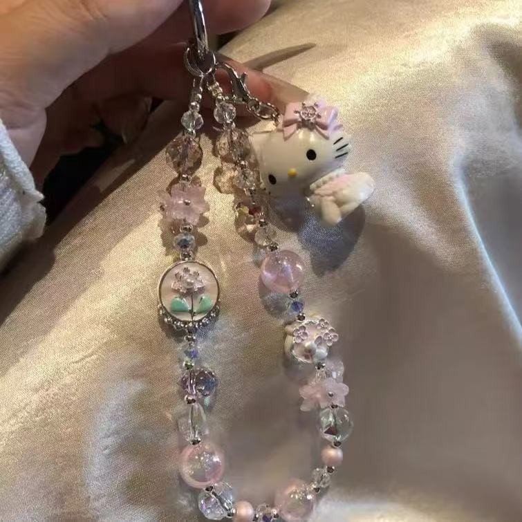 可爱粉色kt猫珍珠手机链挂绳小众ccd相机挂件少女甜美精致钥匙扣|undefined
