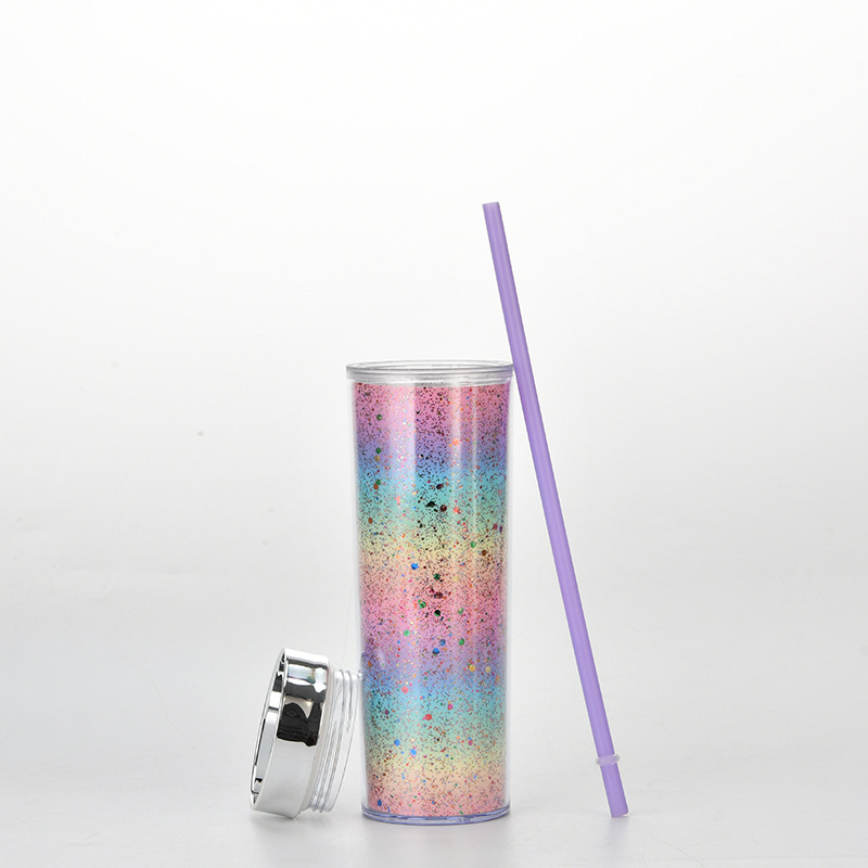 16oz Double-layer Plastic Straw Cup Rainbow Gradient Glitter Straight Cup Universal Cold Drink Cup display picture 5