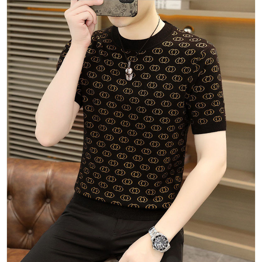 Camisas de punto de estilo antiguo camiseta de manga corta hombre impresa jacquard cuello redondo de negocios de hielo de verano fábrica transfronteriza al por mayor