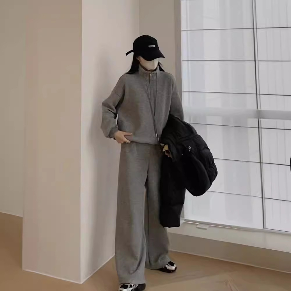 Tuta sportiva casual in cashmere ActiveGo Lazy Style per donna, felpa con collo alto e gamba larga, foderata in pile, calda per autunno e inverno_voghion.com