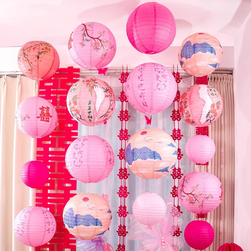 Decoración de la casa de la novia linterna rosa cascada linterna de papel chino boda ambiente de la sala de estar linterna festiva