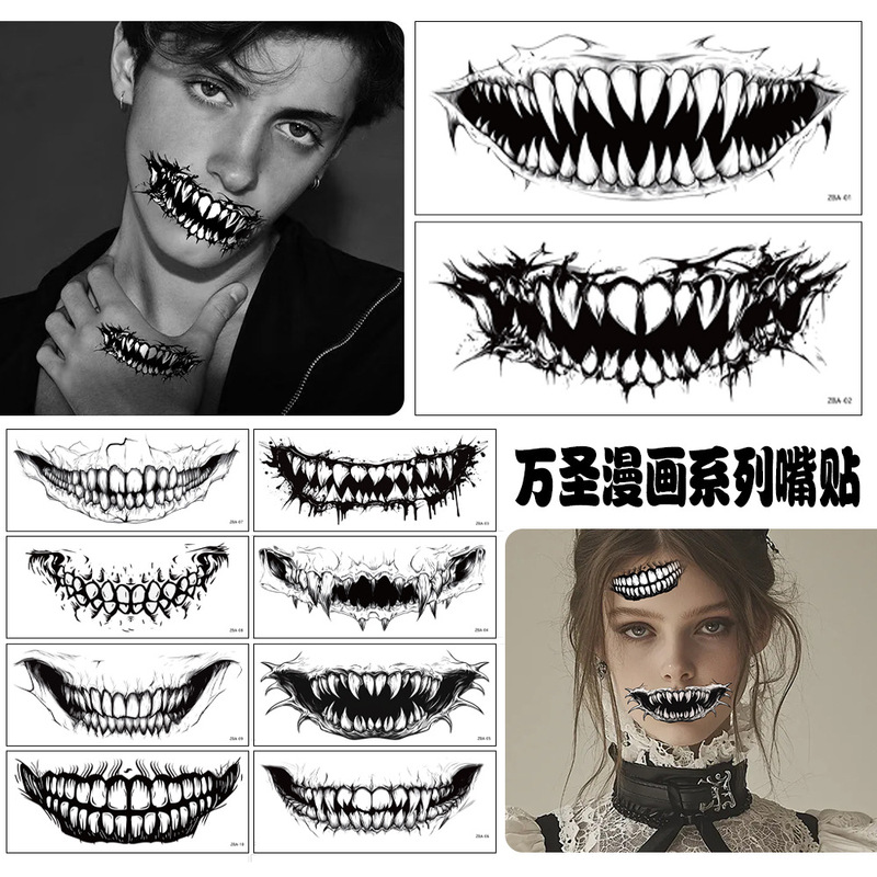 Cross-Border New Black and White Big Mouth Tattoo Stickers Simulated Halloween Holiday Party Funny Temporary Tattoo Stickers