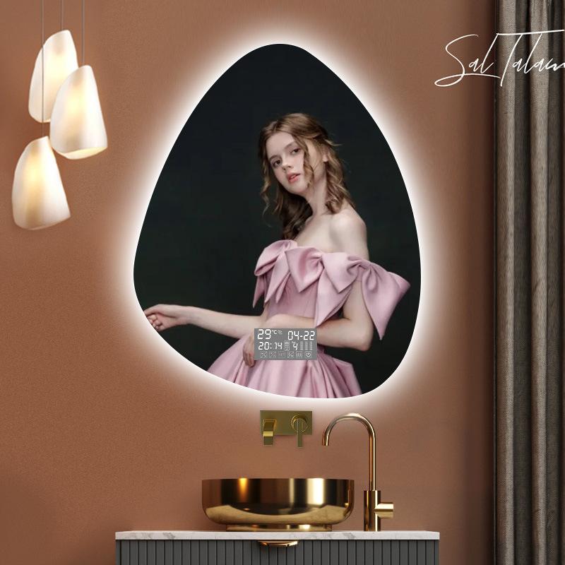 Wall-Mounted Mirror with Led, No Drilling Required, Irregular-Shaped Bathroom Cabinet with Light, Bathroom Mirror Design with Anti-Fog Feature