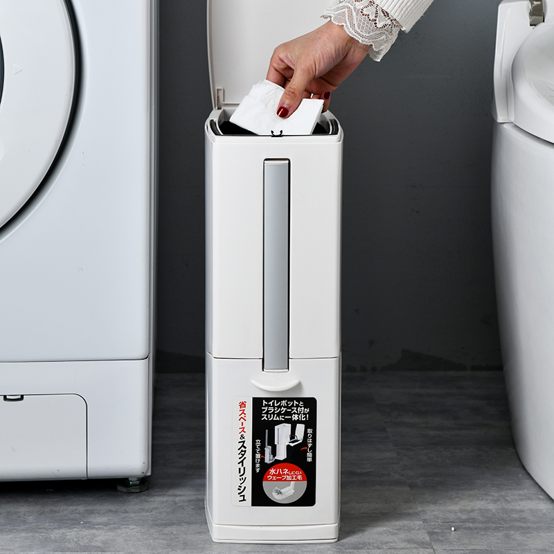 Cubo de basura para baño con tapa, uso doméstico, tamaños grande y pequeño, para inodoros de espacios reducidos, cubo de basura para baño con escobilla de inodoro integrada.