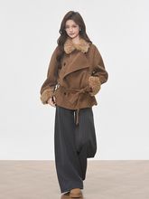 悉尼日落 冬季毛领毛呢大衣外套女士小个子+阔腿裤辣妹风套装