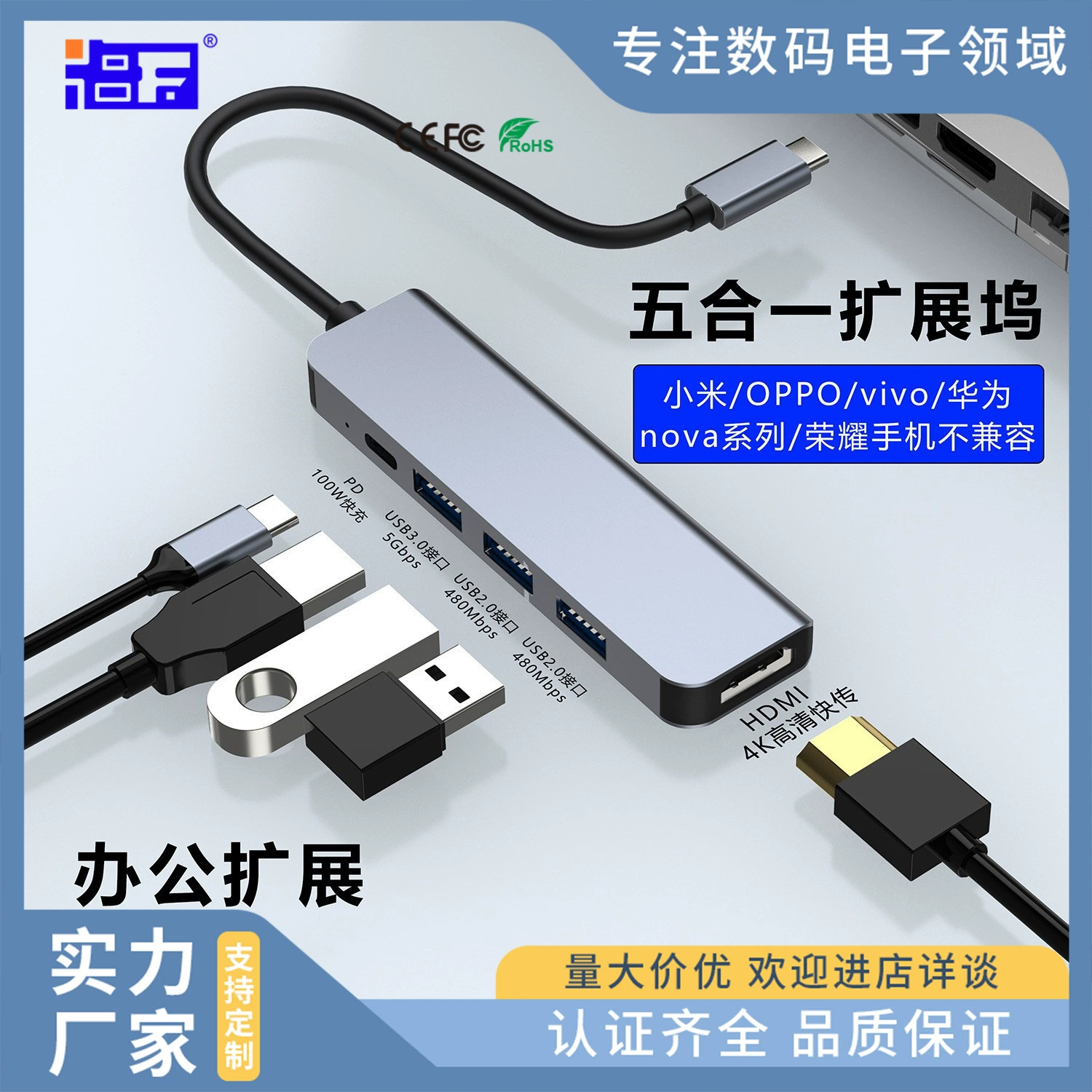 Тип-C к HDMI многофункциональная пятивходная док-станция конвертер USB3.0 расширение разветвитель HUB