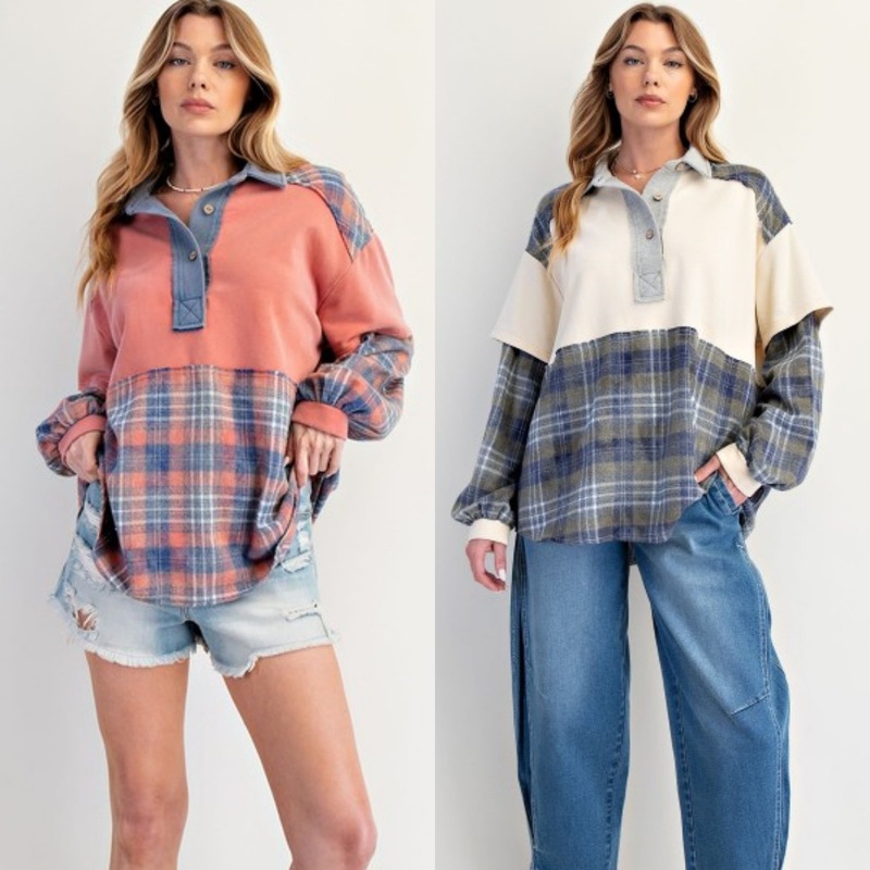 Amazon 25秋の新作クロスボーダーヨーロッパとアメリカの服プリントチェック柄スプライシングプルオーバースウェットシャツ長袖ルーズトップ|undefined