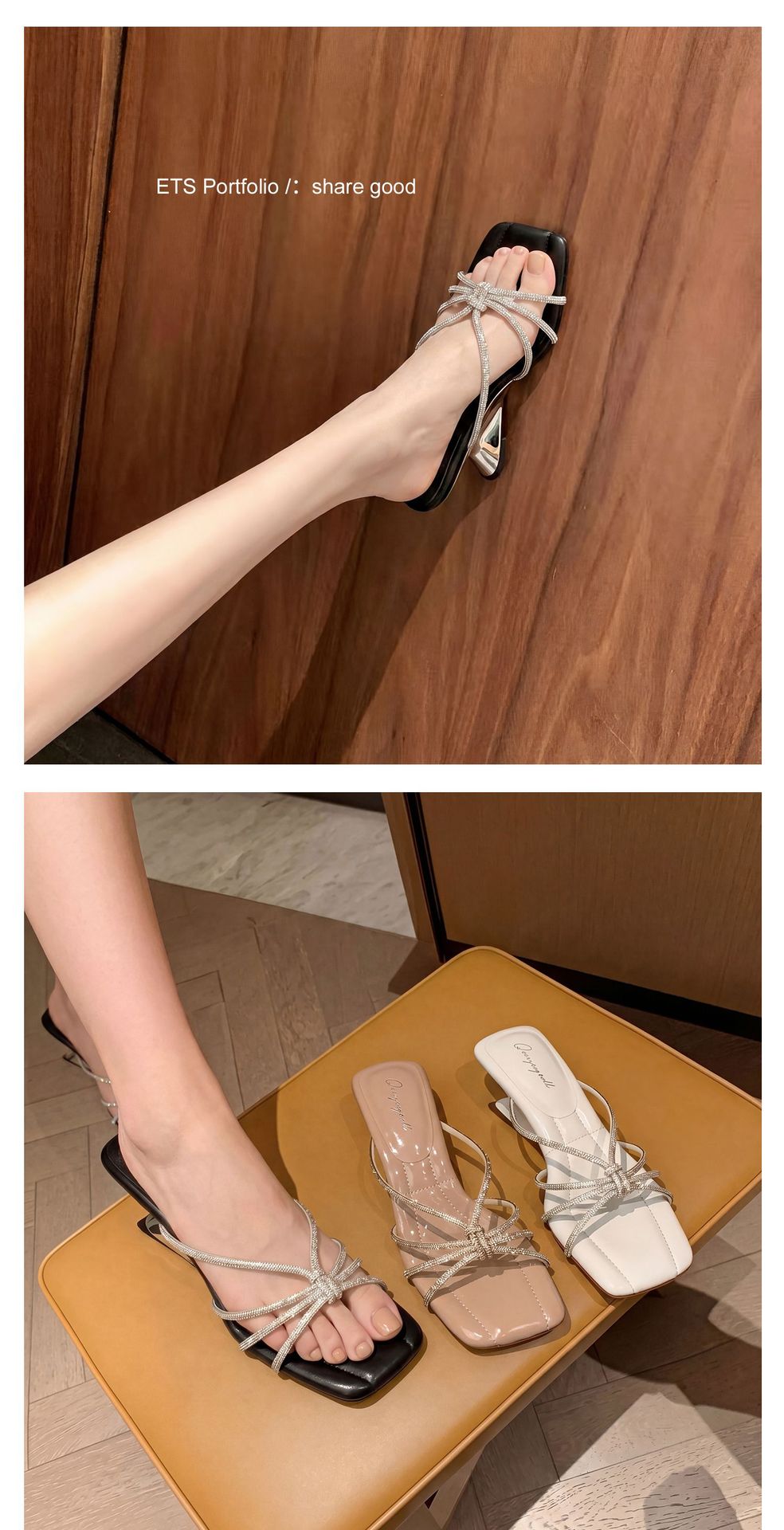 Sandal cao gót nữ mũi vuông quai ngang đính đá pha lê gót xuồng 9 cm — màu đen, màu trắng ngà, màu nude chi tiết 15