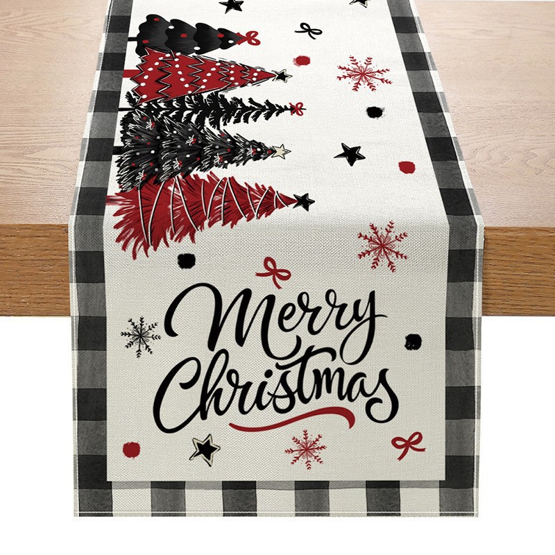 Camino de mesa navideño con estampado de muñeco de nieve y Santa