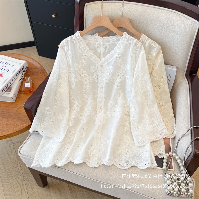 Lace Knitted Embroidered V Neck Cotton and Linen Shirt Jacket for Women Summer Large Size Loose, Light and Breathable Outer Sun Protection Cardigan