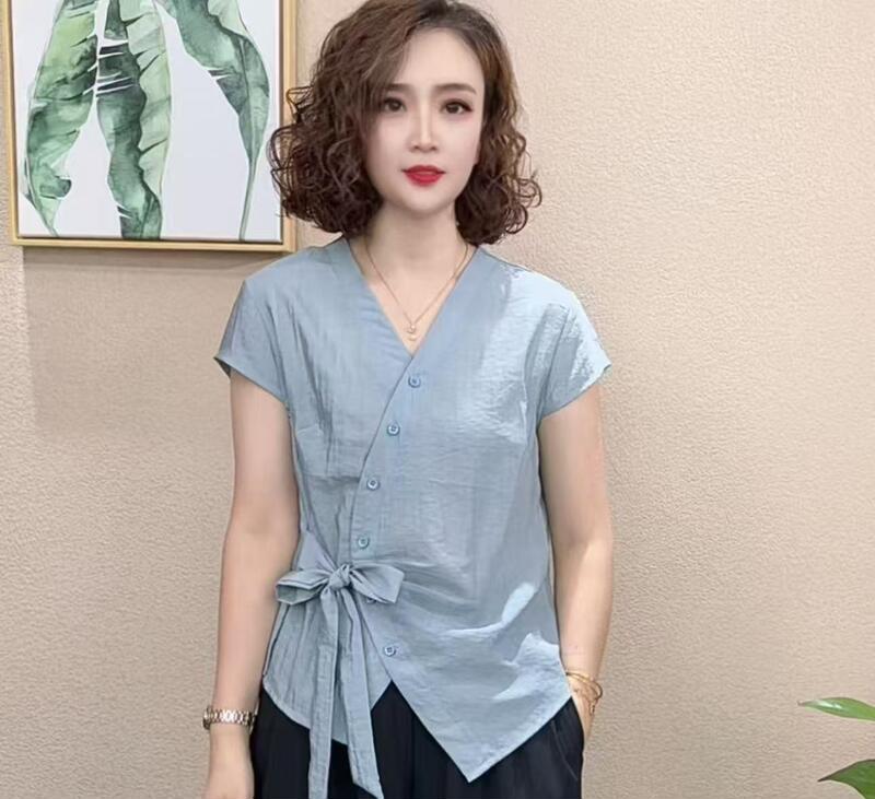 2025 夏の新スタイル重工業不規則なデザイン半袖ファッションストラップ V ネック Tシャツ女性の痩身トップス|undefined