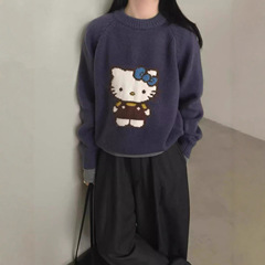 韩版圆领卡通猫咪提花套头毛衣女2025秋冬新款宽松甜美针织衫上衣