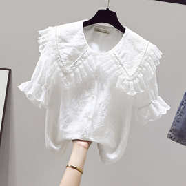 雪纺短袖上衣女装夏装白衬衫半袖娃娃领蕾丝小衫2023新款春装洋气