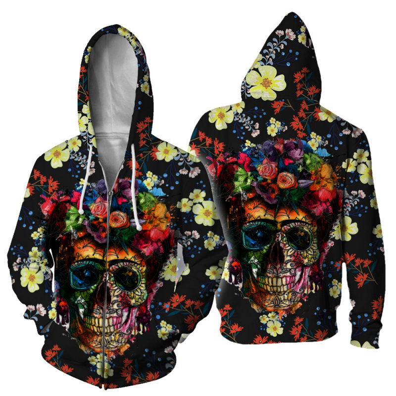 跨境新款亚马逊速卖通爆款大码男士骷髅头拉链连帽卫衣 3D印花帽