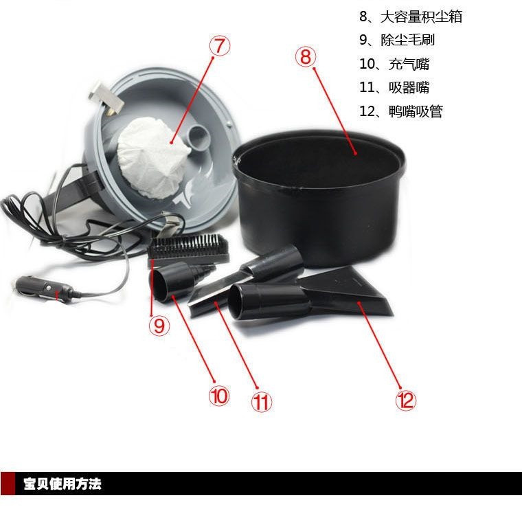 12V car vacuum cleaner for both car and home use, with blowing and suction functions, round-barrel design, high power and enhanced suction