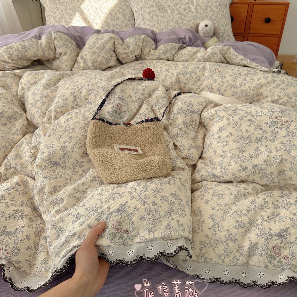 Nordic Vintage Style Double-layer Gauze Bedding Set With Lace Trim_voghion.com