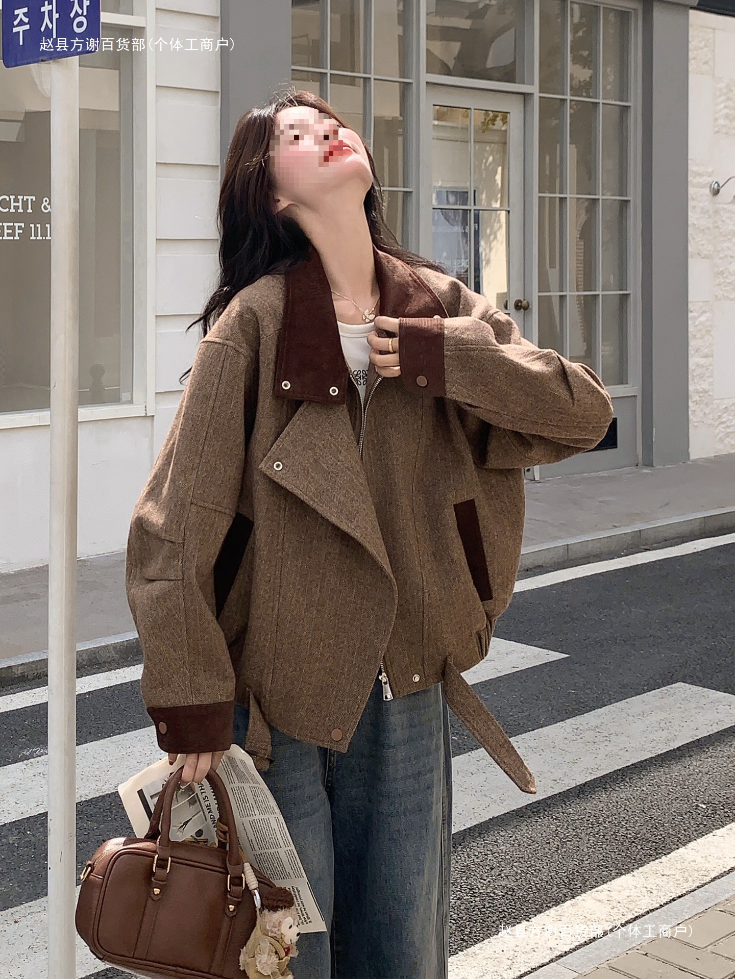 Coffee-Colored Splicing Short Windbreaker Jacket New Style Women's Autumn and Winter Light and Mature Motorcycle Jacket Jacket