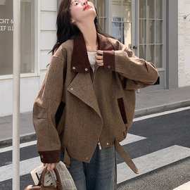 撞咖色拼接短款风衣外套新款女秋冬轻熟巨好看机车服夹克大衣