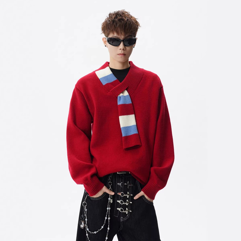 Trendy Color-Block Christmas Sweater for Men, Winter American-Style Vibe Scarf, V-Neck Knitwear, Heavyweight Couple's Casual Inner Wear