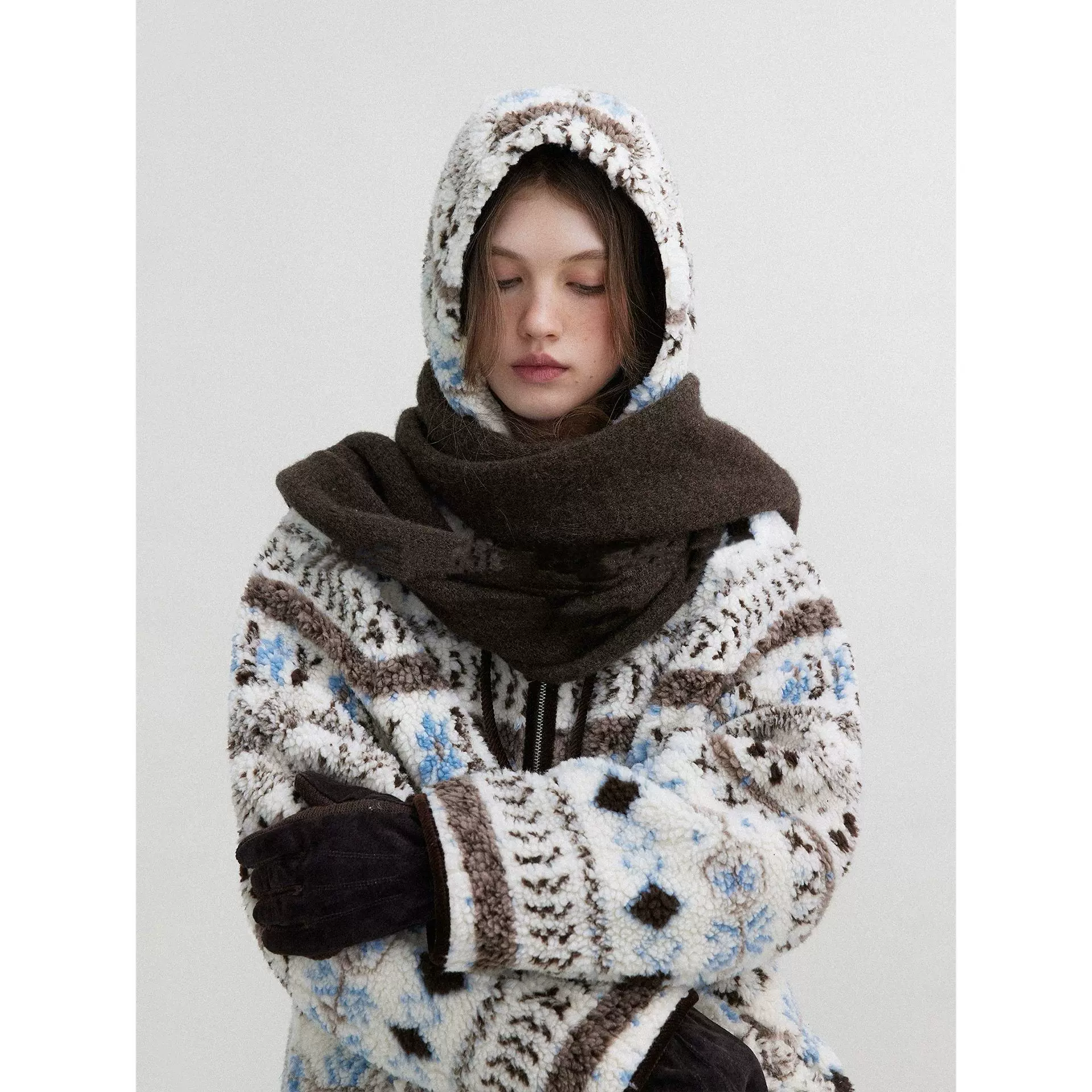 四媛 雪花费尔岛连帽100%羊毛羊羔毛毛毛外套25冬季新款女9451