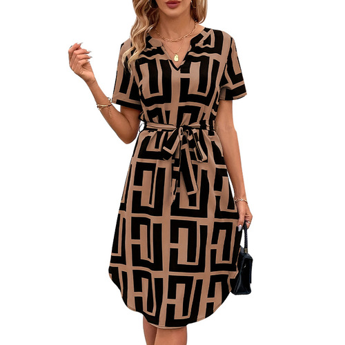 Cross-border European and American temperament mature short-sleeved plaid dress summer holiday small swing belt V-neck A-line medium-length skirt 