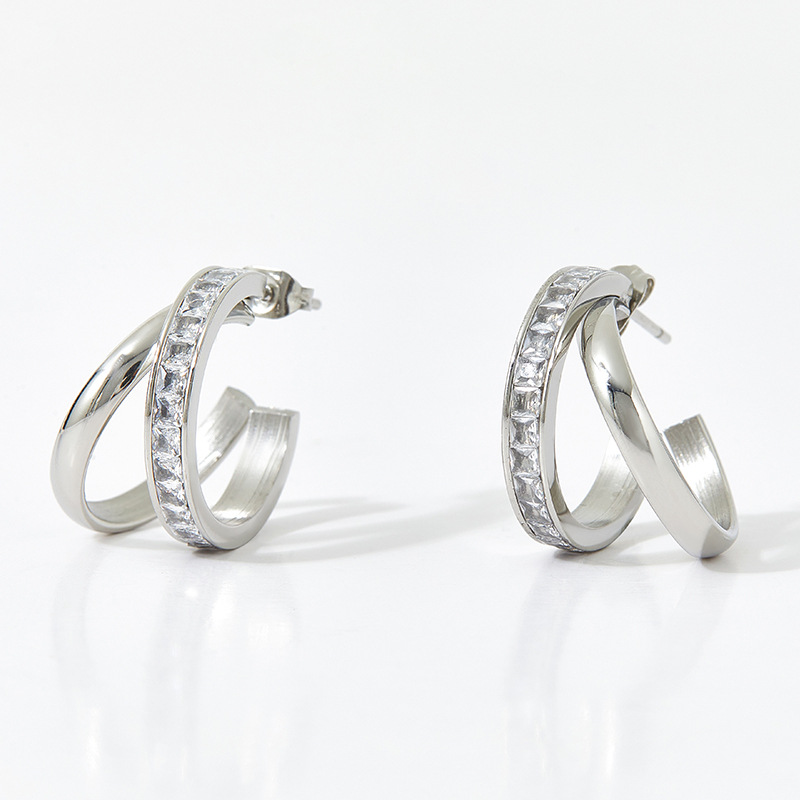 Daily Occasion 304 Stainless Steel Material C Shape Pattern Women'S Gender Fashion C Shape Inlay 304 Stainless Steel Zircon 16K Gold Plated White Gold Plated Gold Plated Stainless Steel Earrings