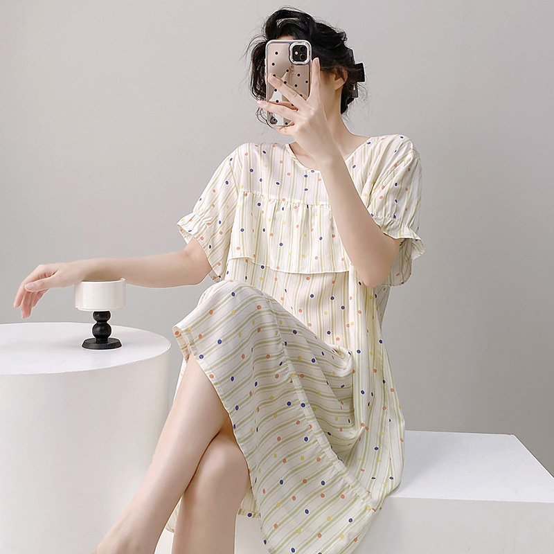 New Anti-bump Cotton Silk Nightgown Thin Short-sleeved dress Princess Style Rayon Pajamas for Outer Wear Home Wear