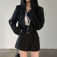 韩国chic春秋复古洋气长袖短款西装外套+高腰显瘦包臀半身裙套装