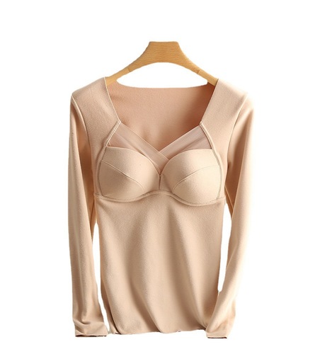 Women's Long-Sleeve Integrated Fixed Cup Self-Heating Bra Top with V-Neck Long-Sleeve Undercoat for Ladies