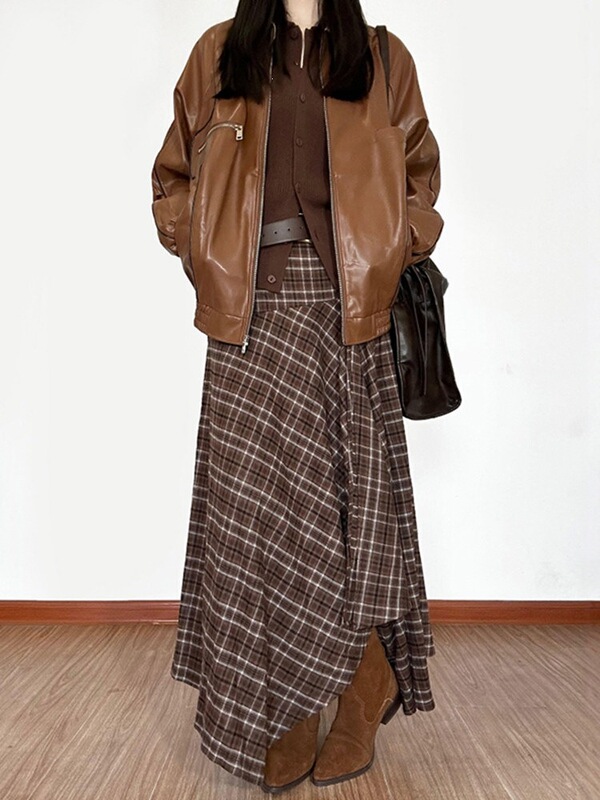 Irregular Brown Plaid Long Skirt in the Maillard Style, Popular Autumn Fashion, Plus Size Women's Pear-Shaped Berkeley Skirt Irregular Brown Plaid Long Skirt in the Maillard Style, Popular Autumn Fashion, Plus Size Women's Pear-Shaped Berkeley Skirt