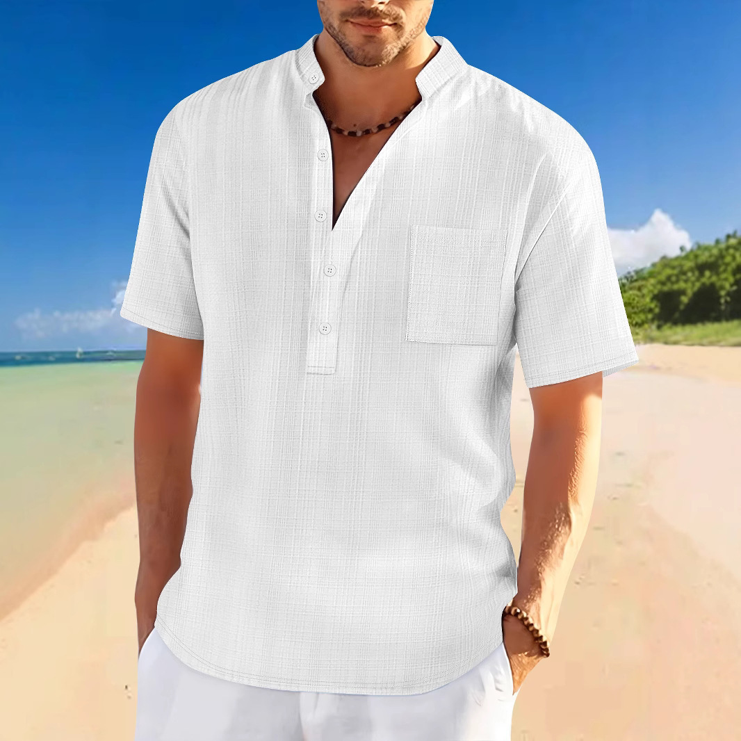 2025 Summer Amazon Cross-Border Men's Stand Collar Bamboo Imitation Linen Short Sleeve Shirt Loose Casual Jacquard Henley Shirt for Men