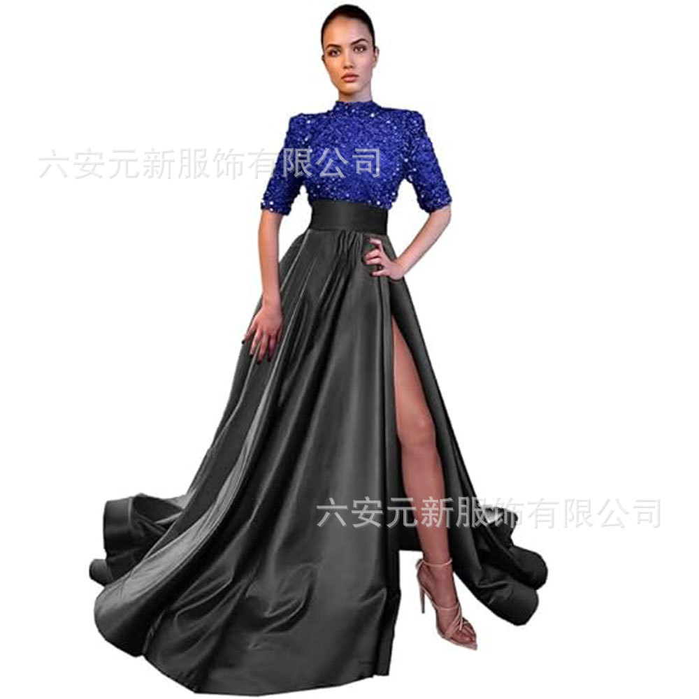 Europeo y americano Amazon AliExpress vestido de fiesta media manga lentejuelas satén vestido de noche A-line vestido de fiesta de hendidura image 33